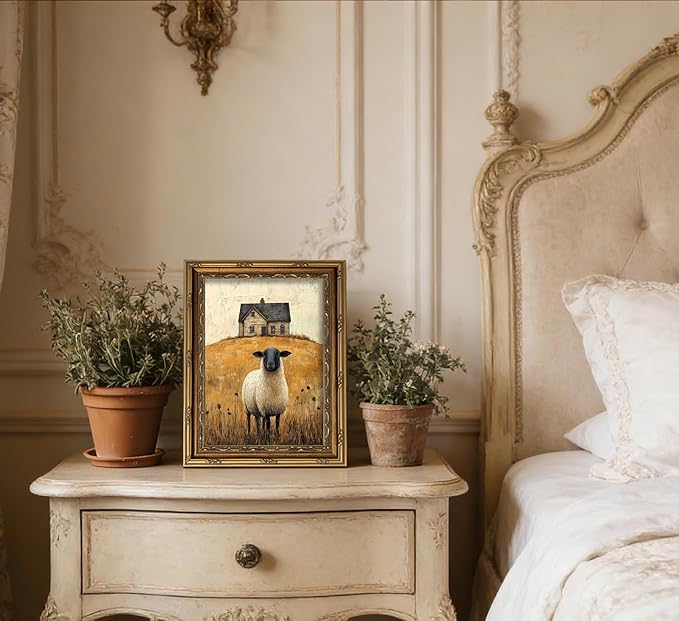 Vintage Gold Framed Wall Art Retro Country Sheep Oil Painting Canvas Prints - Image 7