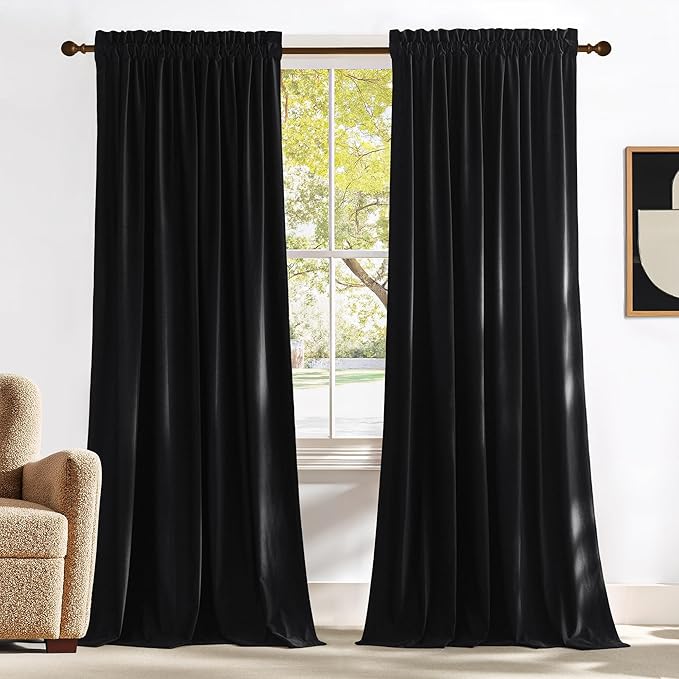 NICETOWN Black Velvet Curtains 90 inches Long 2 Panels Set, Thermal Insulated by NICETOWN