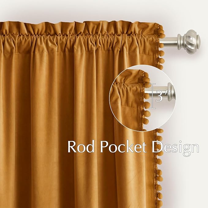 NICETOWN Mustard Gold Pom Pom Velvet Curtains 84" Long - Image 2