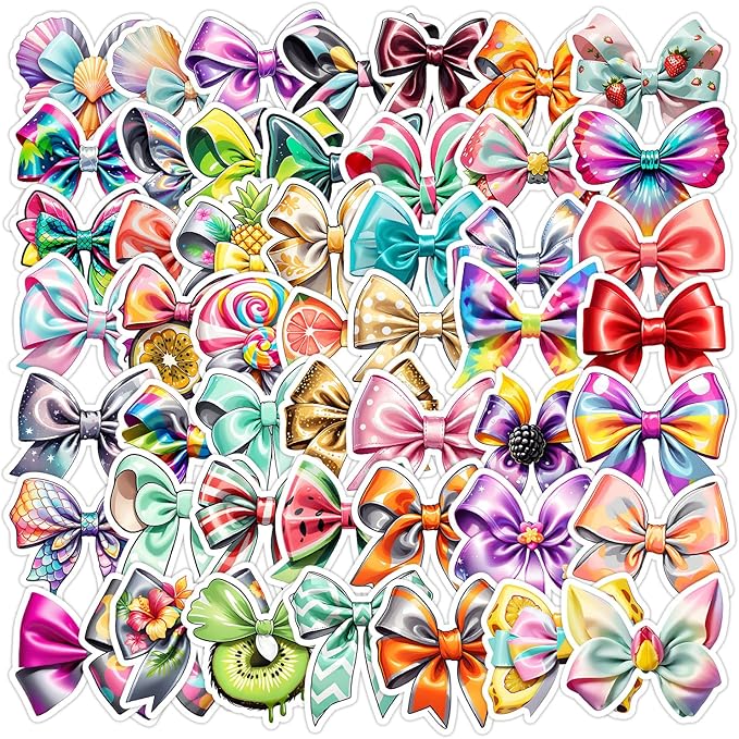 Cute Colorful Bow Stickers 50Pcs Vinyl Trendy Bows Stickers for Water Bottle Scrapbook Laptop Luggage Helmet Bike Motorcycle Skateboard,Waterproof Funny Aesthetic Decals for Teens Girls Women