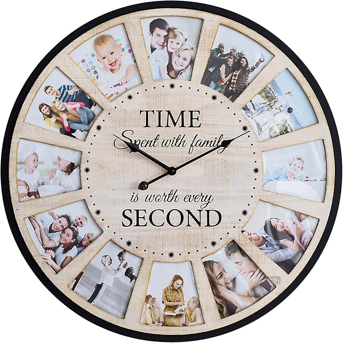 12 Photo Collage Rustic Wood Farmhouse Wall Clock, Large Family Picture Wall by JUMBOHUMBLE