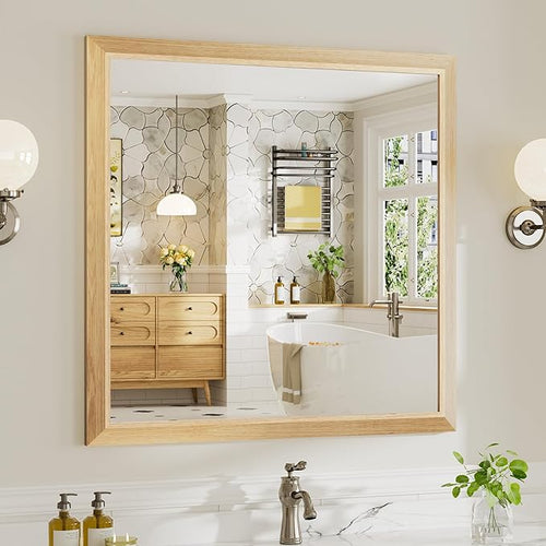 36x36 Inch Bathroom Mirror for Wall, Anti-Rust Oak Wood Grain Metal Framed by Briivuemodernmirrors