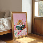 Fantasy Artists Gold Framed Wall Art Prints, Cute Orange Cat Reading a Green - Image 5