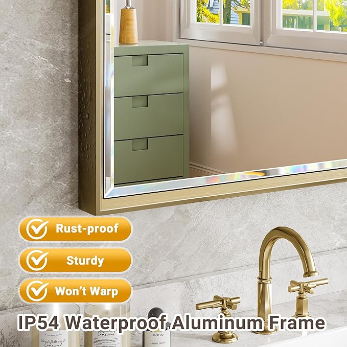 Gold Bathroom Mirror, 24x36 Brushed Gold Bathroom Mirror Beveled Edge, - Image 4