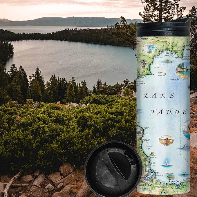 Xplorer Maps Lake Tahoe Map 16 Oz Travel Drinkware with Spill-Resistant Lid - Stainless Steel Vacuum Insulated Coffee Tumbler