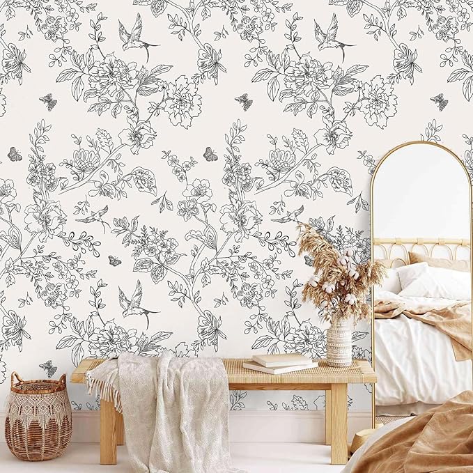 Froluya Black and Cream White Floral Wallpaper Peel and Stick Wallpaper - Image 6
