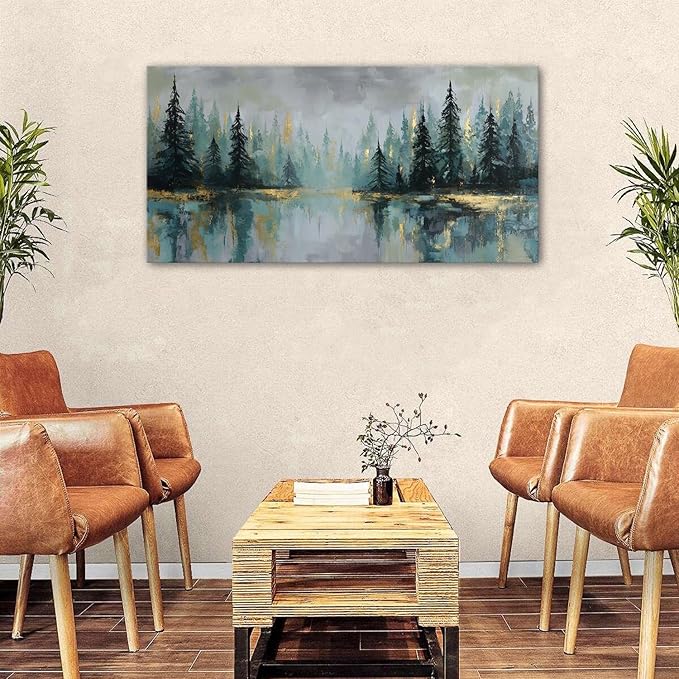 Green Forest Wall Art Vintage Fog Pine Trees Landscape Wall Decor Nature Green - Image 3
