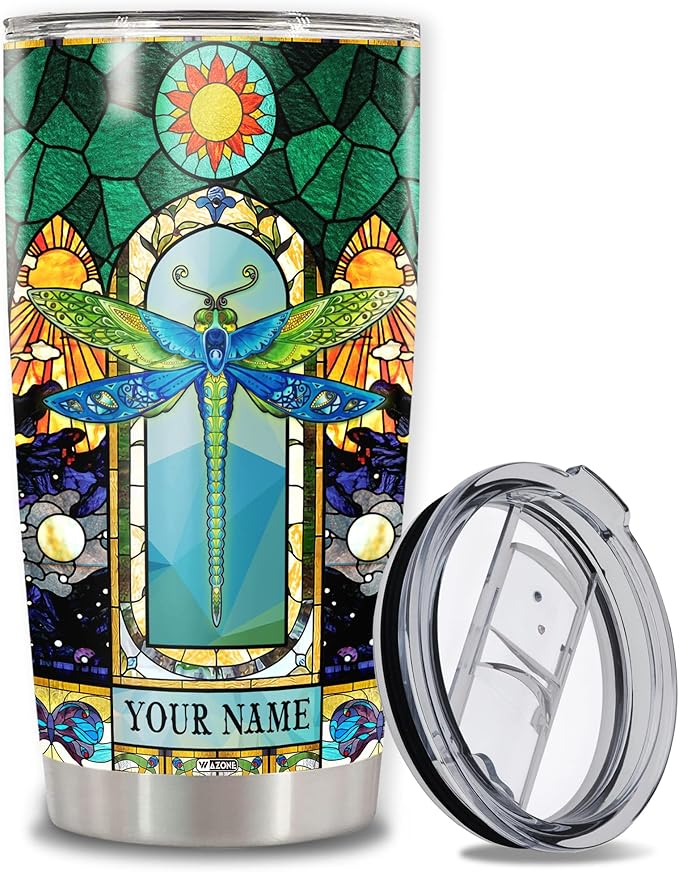WAZONE Personalized Dragonfly Tumbler Custom Name Mosaic Style Decorative Travel Coffee Mug With Lid Insulated Cup 20oz 30oz Mothers Day Birthday Christmas Gifts For Women Men Girls