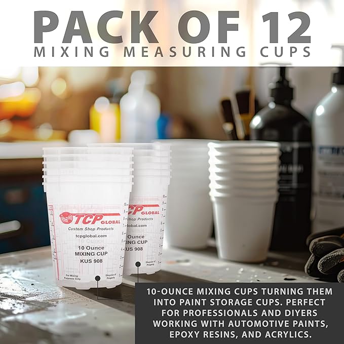 Custom Shop Paint Mixing Cups, 10-Ounce (12 Pack) - Plastic Measuring Cups for Liquids, Automotive Painting, Epoxy Resin, Acrylic Arts, Crafts, Disposable or Reusable, Graduated, Mixing Ratios