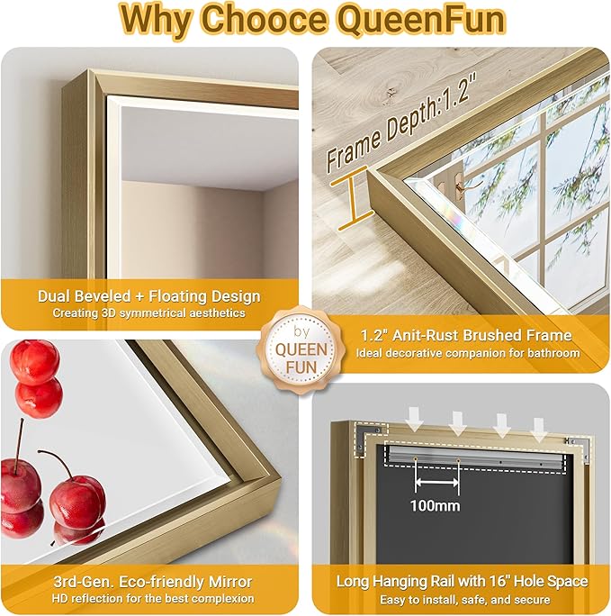 Gold Bathroom Mirror, 24x36 Brushed Gold Bathroom Mirror Beveled Edge, - Image 7
