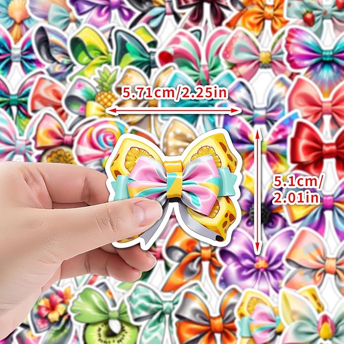 Cute Colorful Bow Stickers 50Pcs Vinyl Trendy Bows Stickers for Water Bottle Scrapbook Laptop Luggage Helmet Bike Motorcycle Skateboard,Waterproof Funny Aesthetic Decals for Teens Girls Women