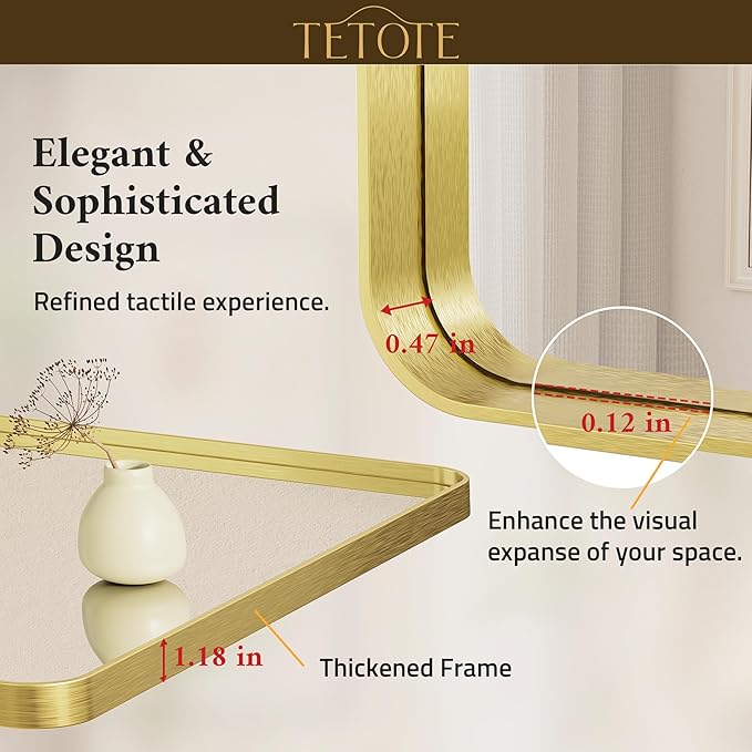 TETOTE 48 x 30 Inch Bathroom Mirror, Brushed Gold Metal Framed Wall Mounted - Image 5