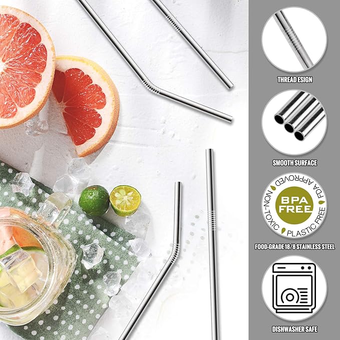 Hiware 12-Pack Reusable Stainless Steel Metal Straws with Case - Long Drinking Straws for 30 oz and 20 oz Tumblers Dishwasher Safe - 2 Cleaning Brushes Included
