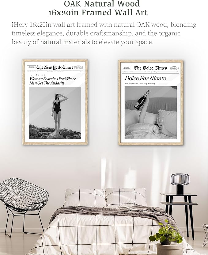 iHery Dolce Far Niente Framed Trendy NewsPaper Wall Art, Natural OAK Wood Large - Image 5
