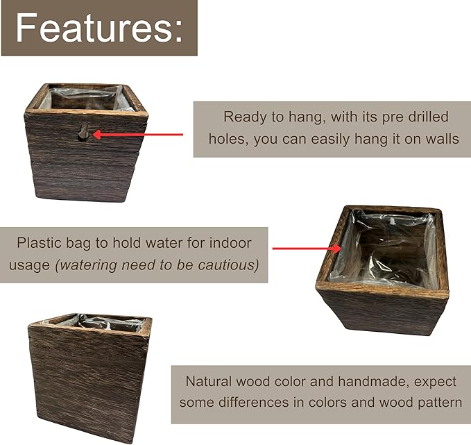 LaLaGreen Wood Planter Boxes Small Square Wooden Wall Mounted Flower Pot - Image 3