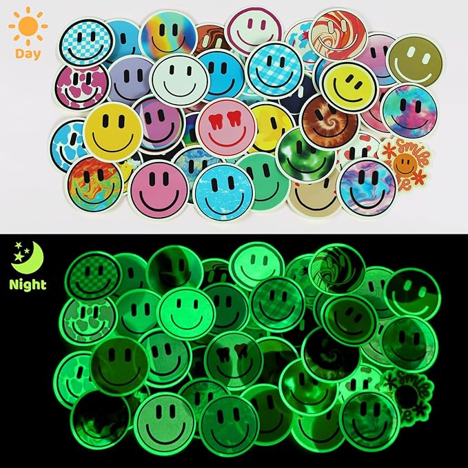 50PCS Smiling Glow in The Dark Stickers, Cute Water Bottle Stickers for Kids, for Teaching Rewards, Notebooks, Stationery, Luggage, Cartoon PVC Happy Stickers