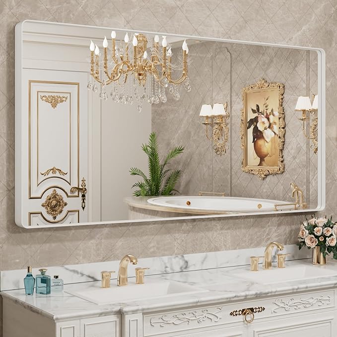 LOAAO 72x32 Inch White Metal Framed Bathroom Mirror by LOAAO