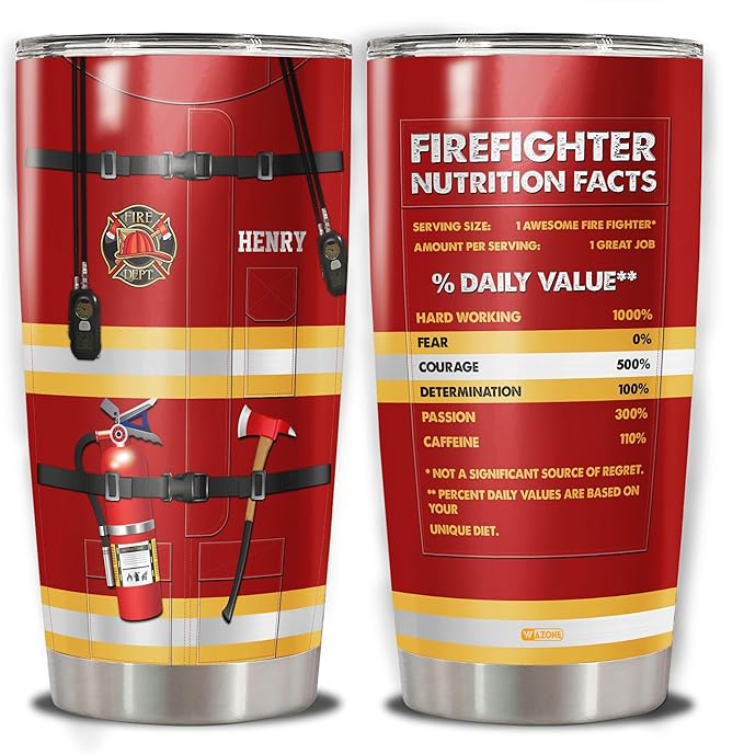 WAZONE Personalized Firefighter Nutrition Facts Tumbler Stainless Steel 20oz 30oz Custom Name Firefighting Travel Mug Funny Saying Insulated Cup Fireman Gift Ideas For Him Men Women