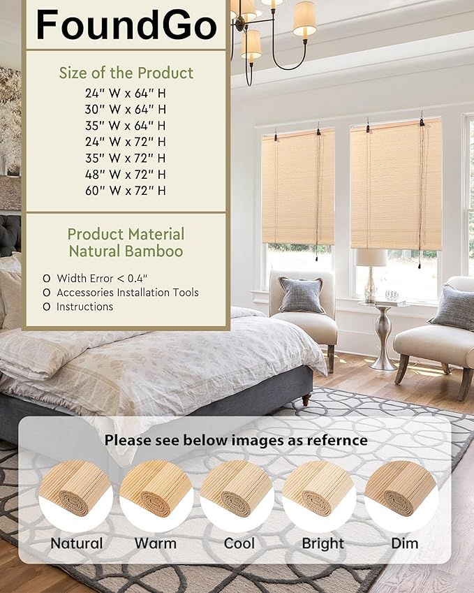 FoundGo Retro Bamboo Blinds 60" W x 72" H Bamboo Roman Shades Light Filtering - Image 2
