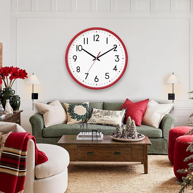 HZDHCLH Wall Clock Red, Silent Wall Clocks Battery Operated 12 Inch Modern Non - Image 7