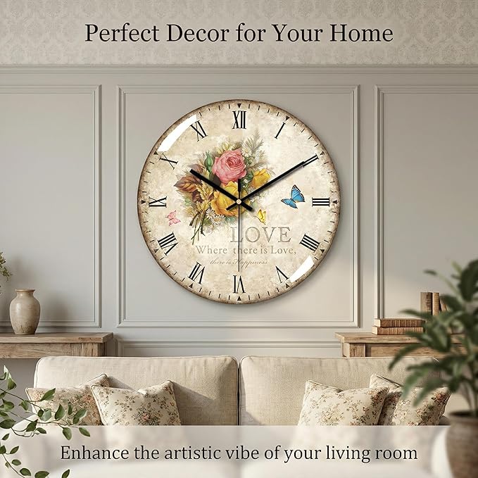 Decorative Wall Clock Battery Operated, 12-Inch Retro Vintage Floral Butterfly - Image 4