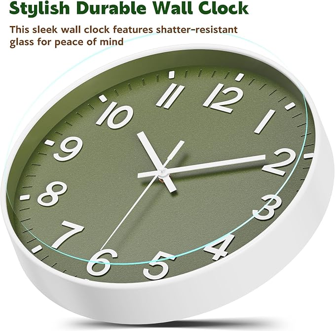 Silent Wall Clock Non-Ticking Battery Operated – Modern Olive Green Analog Wall - Image 6