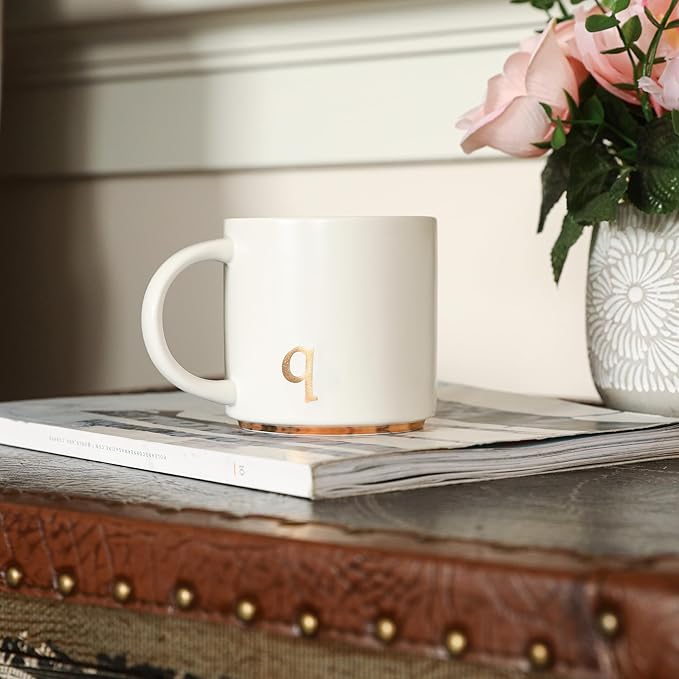 COLLECTIVE HOME - Monogram Ceramic Mugs, 15 oz Golden Initial Coffee Cups, Elegant Alphabet Tea Mugs, Elegant Personalized Mug with Gift Box, Luxurious Cups for Office and Home (q)