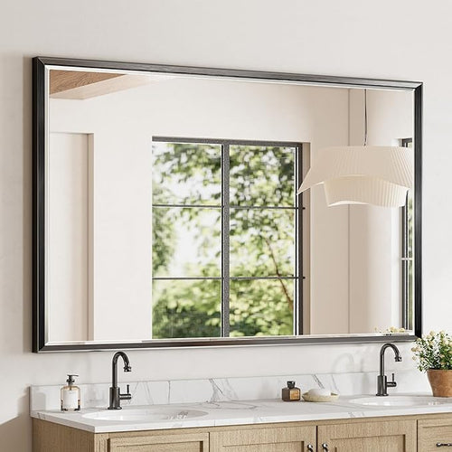 48 x 30 Black Framed Mirror for Bathroom, Beveled Black Bathroom Vanity Mirror by QUEENFUN