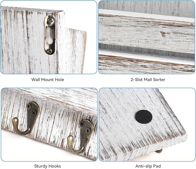 Mail Organizer Wall Mount with 4 Key Hooks, Rustic Wooden Hanging Mail Sorter - Image 3