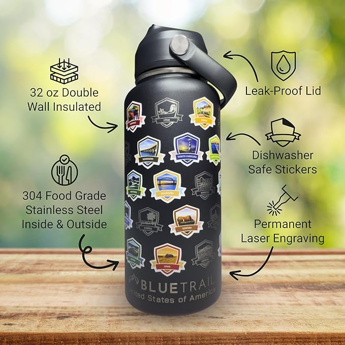 BlueTrail 50 States Water Bottle with Stickers - 32 oz Insulated Stainless Steel, Upgraded Leak-Proof Lid, UV & Waterproof Permanent Stickers, Laser Engraved 50 States of the USA (Pink Parchment)