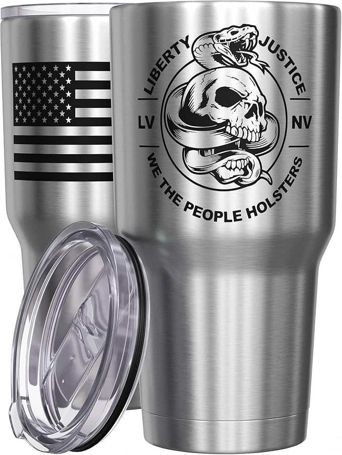 We The People Holsters - Liberty And Justice - Coffee Tumbler - American Flag Coffee Travel Mug - Engraved Tumbler - Double Insulated Tumbler - 30 oz