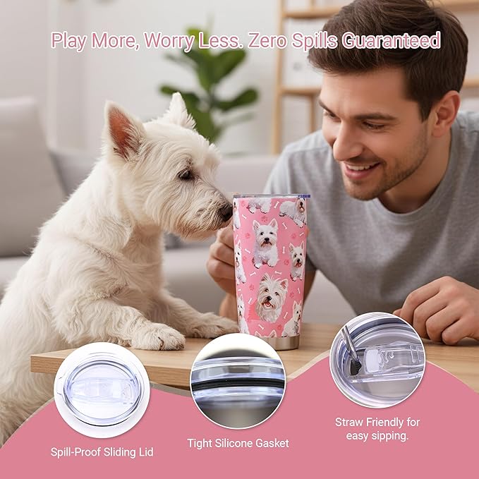 Westie Dog Gifts Tumbler 20oz - Stainless Steel Insulated Cup with Lid & Straw, Dog Lover Gift for Women Men