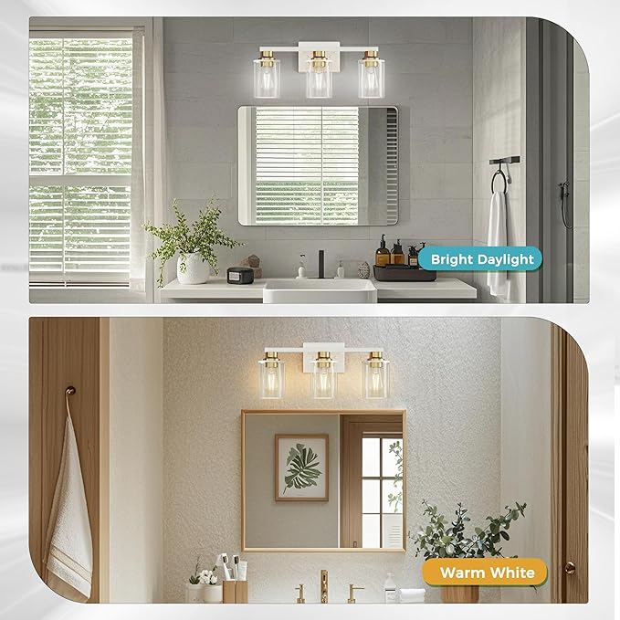 DORESshop 17 Inch Bathroom Light Fixtures, 3-Light White and Gold Bathroom - Image 3