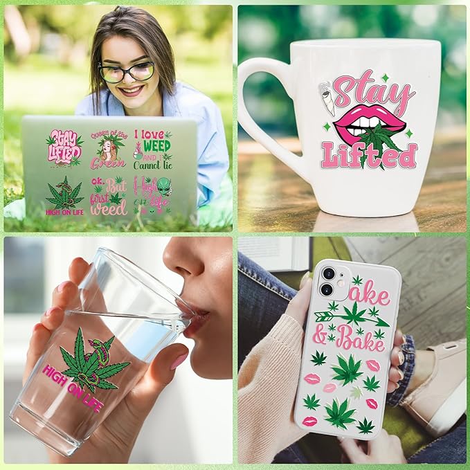 UV DTF Cup Wraps - 20 Sheets 420 Theme UV DTF Decals for 16 oz Glass Mugs, Tumblers, Weed Alien Lip Waterproof Rub on Transfer Stickers for DIY Wood Crafts