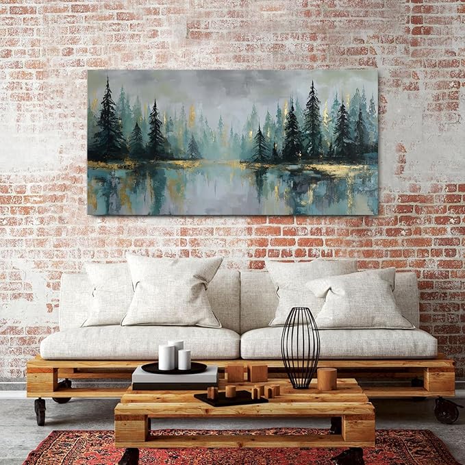 Green Forest Wall Art Vintage Fog Pine Trees Landscape Wall Decor Nature Green - Image 2
