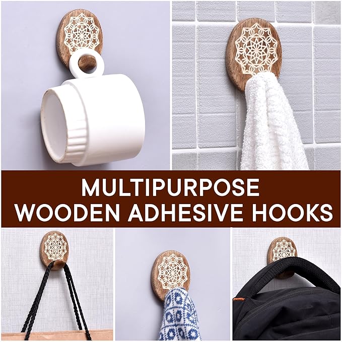 Indian Shelf 6 Lb- 6 Pieces Decorative Wood Adhesive Wall Hooks–Boho Peel and - Image 6