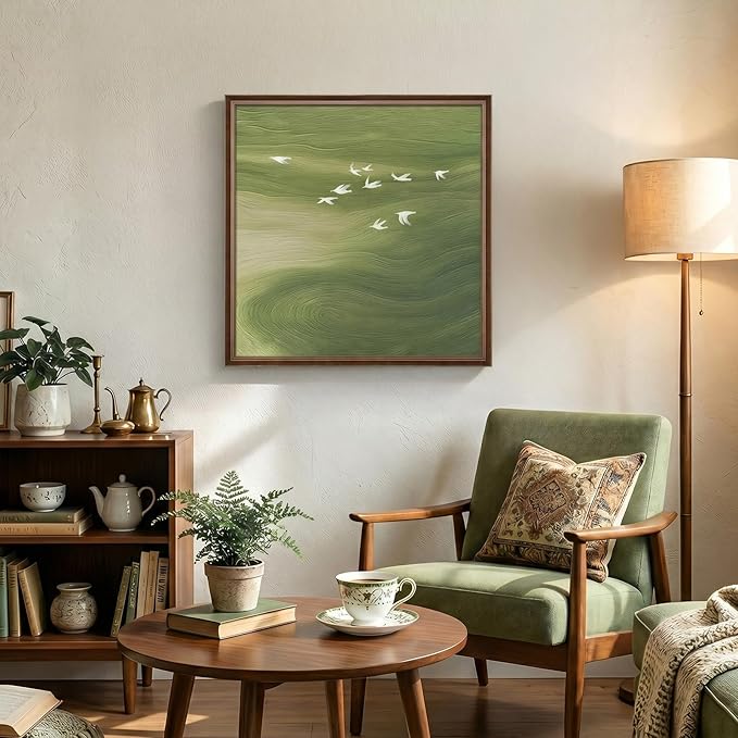 Vintage Framed Green Abstract Wall Art, Modern Minimalist Sage Green Canvas - Image 3