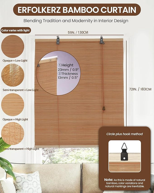51" Wx72 H Bamboo Blinds Roller Shades - Image 2