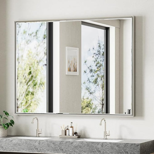 48'' x 36'' Brushed Nickel Framed Beveled Bathroom Mirror, Shatterproof by QUEENFUN