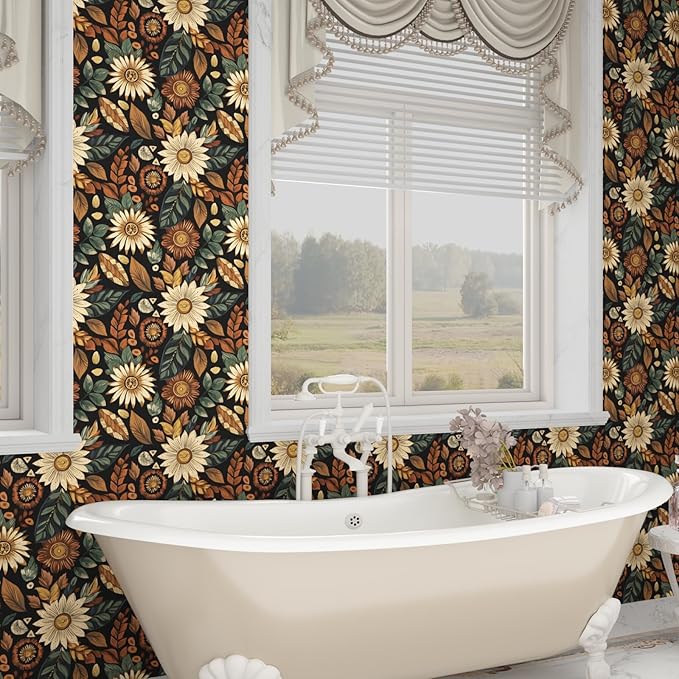 Boho Wallpaper Peel and Stick, Vintage Black Brown/Green Floral Contact Paper - Image 6