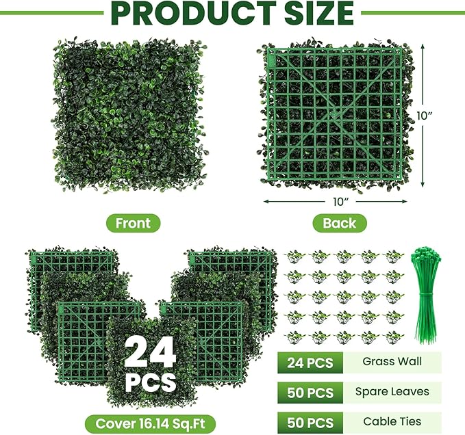 Grass Wall 24 Pack 10"x10" Artificial Boxwood Hedge Wall Panels, Privacy Hedge - Image 3