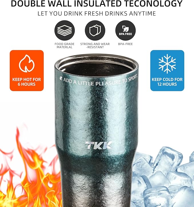 TKK 24oz Pure Titanium Inner Tumbler with Straw Lid, Vacuum Insulated Cup Leakproof Double Walled Travel Mug with Handle, Dishwasher Safe for Hot/Cold Drinks, Titanium Blue