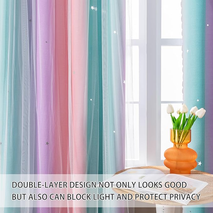 XiDi Curtains for Bedroom Decor, Kids Room Curtains for Girls Rainbow Colour - Image 2