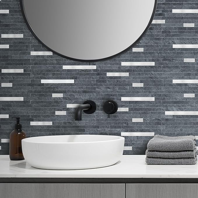 AULIGET 2 Sheets Black Slate Peel and Stick Backsplash, PVC Mixed Metal Silver - Image 6