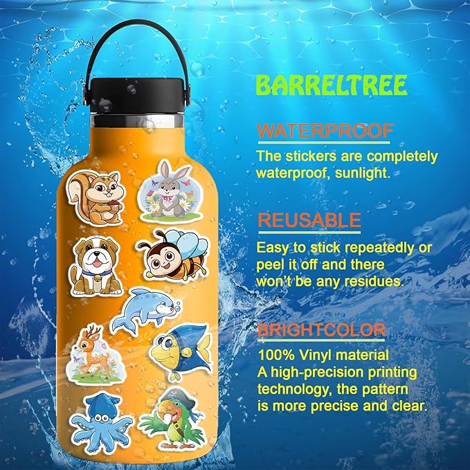 300 PCS Animal Stickers for Kids, Cute Waterproof Vinyl Stickers for Water Bottles, Laptops, Scrapbooks, and Classroom Rewards, Animal Cartoon Stickers Pack with Gift Box for Girls Boys Teens