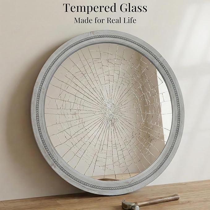 30 Inch Round Farmhouse Mirror for Bathroom Vanity, Distressed Grey Solid Wood - Image 7