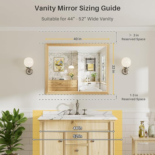 40x32 Inch Bathroom Mirror for Wall, Anti-Rust Oak Wood Grain Metal Framed - Image 2