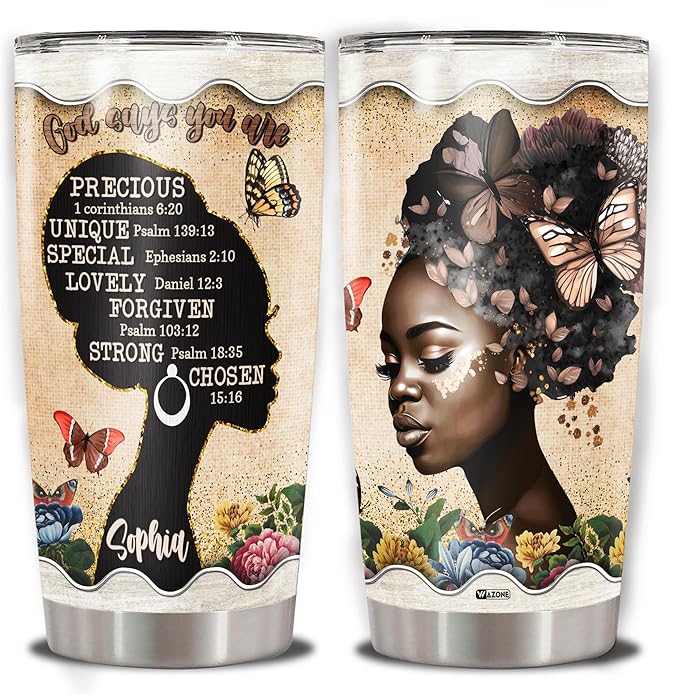 WAZONE Personalized God Says You Are Tumbler 20oz 30oz Stainless Steel Travel Mug Custom Name Christian Insulated Cup Positive Affirmation Gifts For Black Women African American Girl