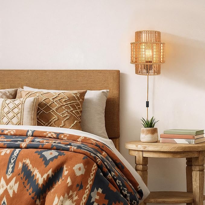 Plug-in Boho Wall Sconces Set of 2, Handwoven Rattan Wall Lights - Image 5