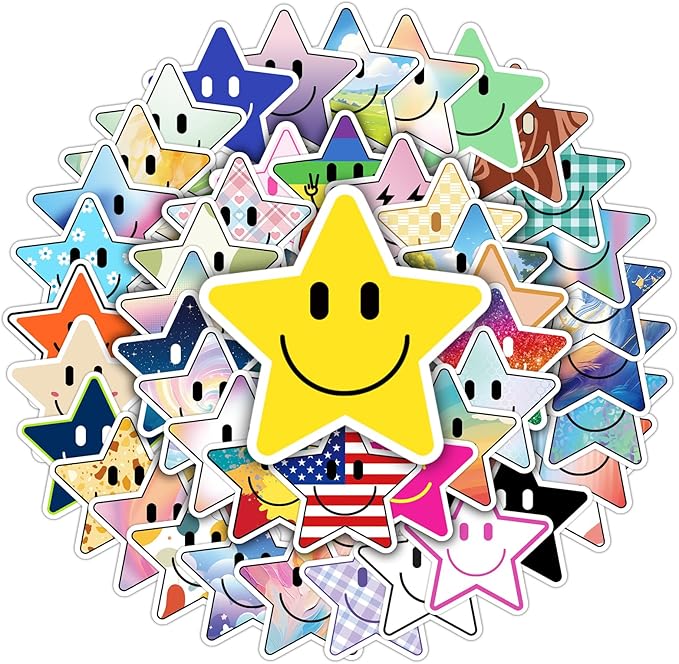 50PCS Smiling Star Stickers, Cute Water Bottle Stickers for Kids, for Teaching Rewards, Notebooks, Stationery, Luggage, Cartoon PVC Happy Stickers